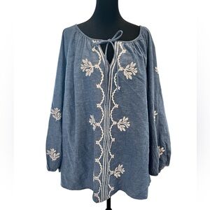 St John’s Bay Boho Peasant Blouse Top 4X Embroidered Blue Cotton Linen Chambray